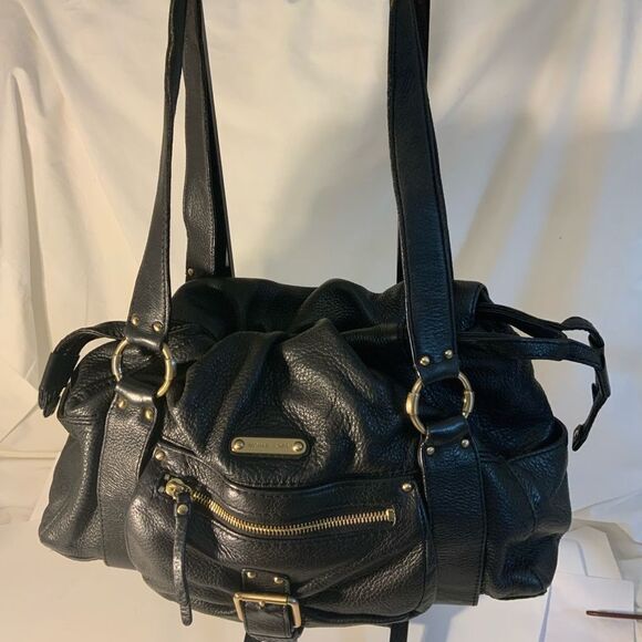 Michael Kors Leather Duffle Handbag black front buckle drawstrings side leather - Picture 3 of 14